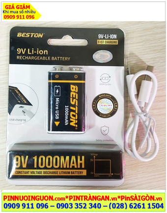 Beston 9VM-10CV (vỏ đen), Pin sạc 9v Lithium Li-ion Beston 9VC-10CV (3700mWh=1000mAh), Sạc dây USB